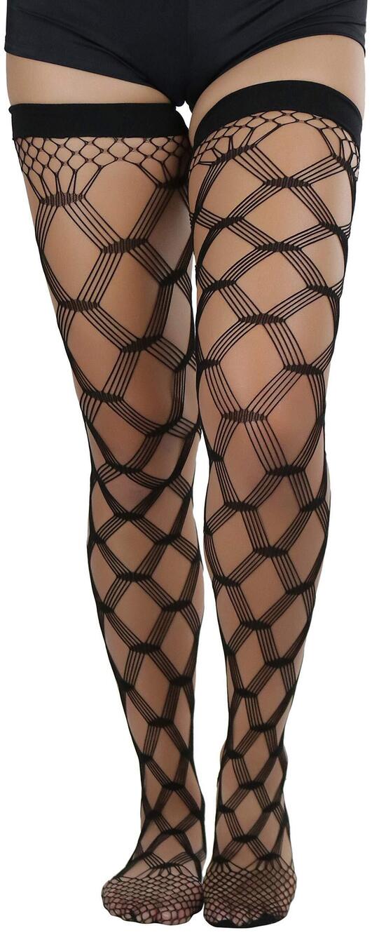 2207 Plus Size Multi Fence Net Thigh Hi Stocking - Plus Size - Black